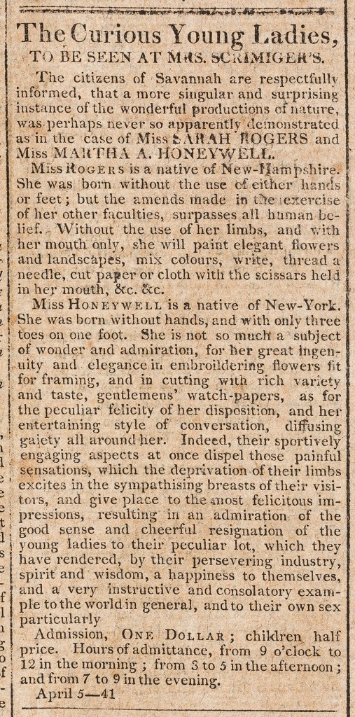 “The Curious Young Ladies.” April 5, 1808. The Republican; and Savannah Evening Ledger (G.A.). American Antiquarian Society. https://www.americanantiquarian.org/