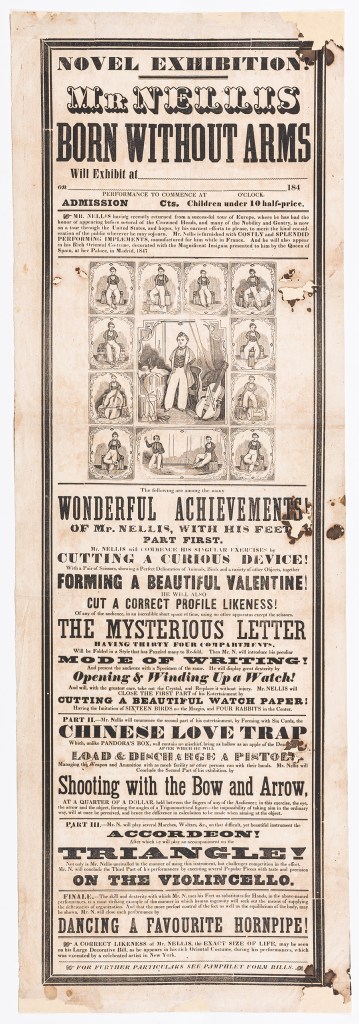 Object label: Saunders Ken Grems Nellis. Broadside: Novel exhibition! 1847-1849. Ink on paper. American Antiquarian Society. https://www.americanantiquarian.org/