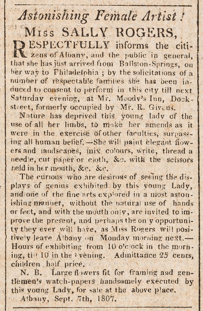 “Astonishing Female Artist!” September 11, 1807. The Albany Register (N.Y.). American Antiquarian Society. https://www.americanantiquarian.org/