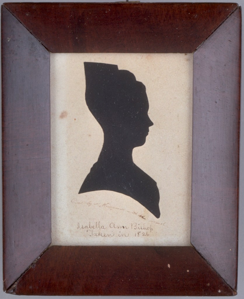 Martha Ann Honeywell. Silhouette of Isabella Ann Bishop. 1826. Cut black paper on off-white paper with inscriptions in brown ink. Colonial Williamsburg: Gift of Mary B. and William Lehman Guyton. https://www.colonialwilliamsburg.org