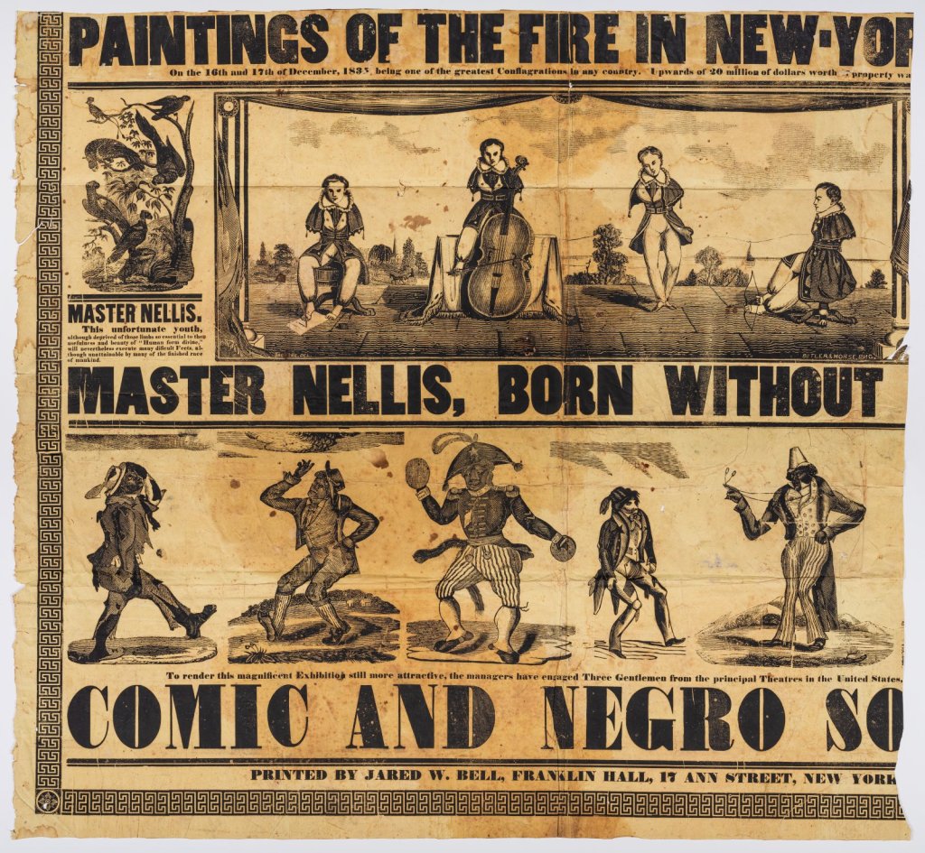Broadside of Nellis playing cello, shooting arrow, dancing, and writing with his feet. Text reads "Master Nellis, Born Without" Below it says "Comic and Negro" with illustrations of dancing figure with face of monkey.
