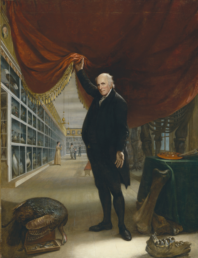 Painting of Charles Wilson Peele, holding back curtain.