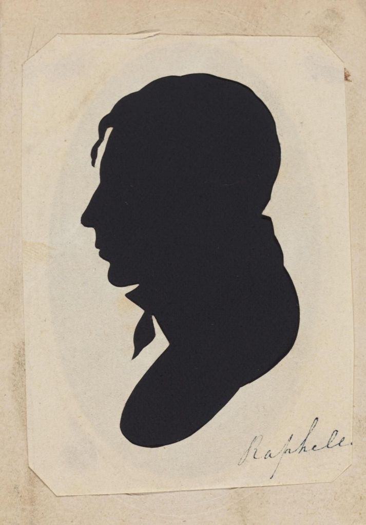Silhouette portrait of man with high collar and tie.