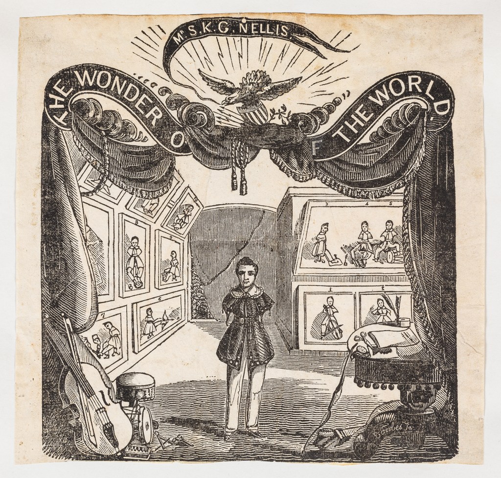 etching of a young man with no arms standing in a hall. there are curtains and many portraits on the walls behind him, illustrating his playing instruments, the cello, shooting a bow and arrow, and writing. In front of him are drums, a cello and a variety of items. Above the banner says "Mr. S.K.G. Nellis. The Wonder of the World.